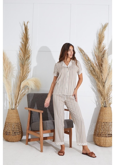 Sevim Kadın Kısa Kol Gömlek Yaka Önden Düğmeli Bej Pijama Takım C9t2n551 001