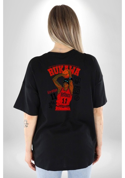 Rukawa Kaede Anime Basketbol Karakteri Pamuklu Unisex Oversize Sırt Dijital Baskılı Siyah T-shirt Siyah