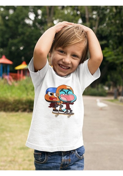 Sevbano Gumball Ve Darwin Baskılı Unisex Çizgi Film Çocuk Tişört 1-12 Ya Beyaz