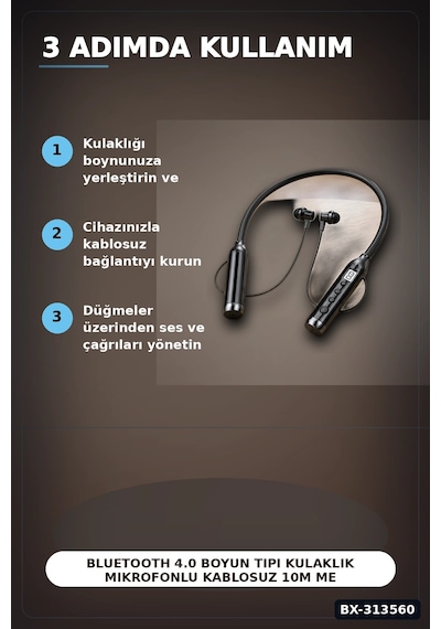 Bay Bluetooth V4.0 Boyun Tipi Kulaklık 10 Mt Menzilli Mikrofonlu Dijital Ekranli Kulak Ici Bx-313560 Najmaddin