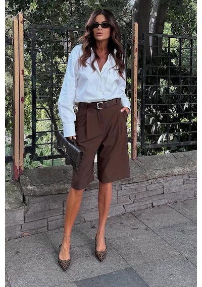 Madmext Kahverengi Pileli Kadın Bermuda Şort Mg2483 Kahverengi