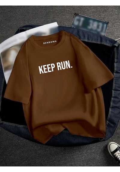 Oversıze Keep Run Baskılı Unısex Tisort Baskılı Kahverengi