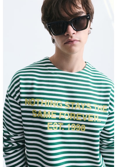 Vamos Oversize Çizgili Sweatshirt Ekru/yesıl