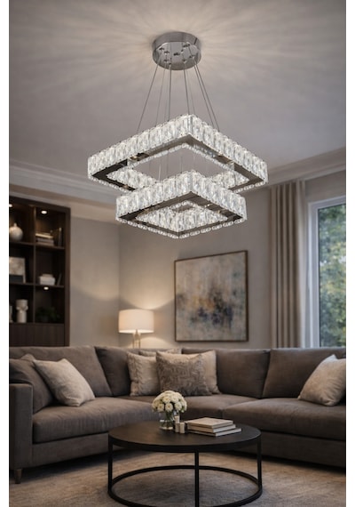2 Li Modern Kare Taşlı Sarkıt Led Avize Krom