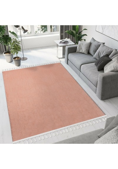 Vl Comfort Düz Saçaklı Peluş Halı Ekru Pembe