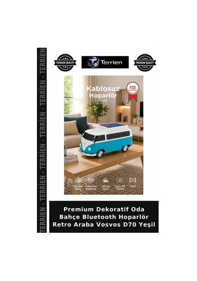 Premium Dekoratif Oda Bahçe Bluetooth Hoparlör Retro Araba Vosvos D70 Yeşil