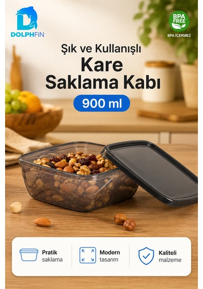 Kare Saklama Kabı 900 Ml Füme Şeffaf Siyah Kapaklı Buzdolabı Kabı Bpa İçermez