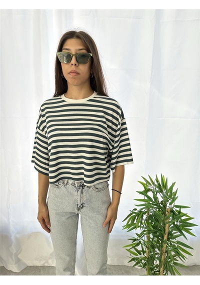 Çizgili Yeşil Oversize Tshirt Yeşil