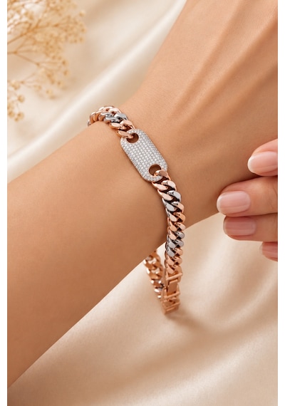 Sertifikalı 316l Çelik Rose Gold & Beyaz Gold Çift Renk Premium Zirkon Taşlı Plakalı Küba Zincir Kad Altın