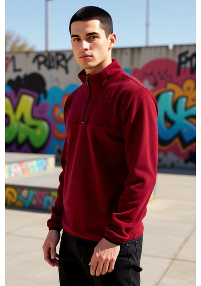 Benerly Erkek Dik Yaka Fermuarlı Standart Kol Polar Sweatshirt Fonksiyone Bordo