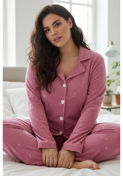 Siyah İnci Düğmeli Büyük Beden Polar Kışlık Örme Pijama Takım Gül kurusu