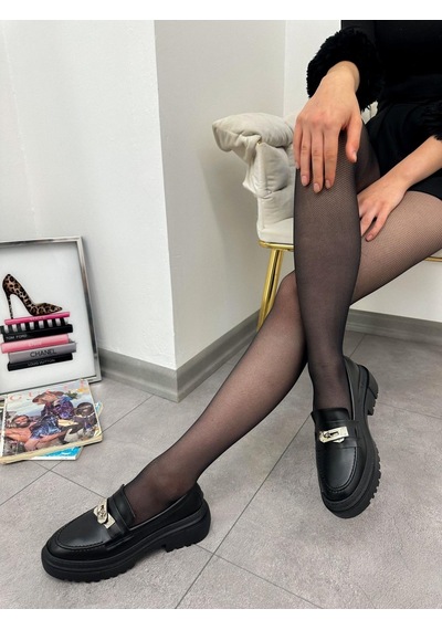 Erva'nın Butiği Siyah Cilt Chain Toka Detay Kadın Loafer-4876