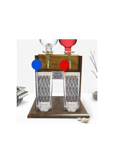 Kişiye Özel Renkli Baskılı İsimli İkili Vodka Bardağı Ve Çift Musluklu Doğal Ahşap Vodka Standı-126