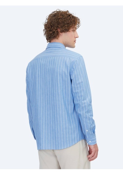Kip Açık Mavi Çizgili Regular Fit Uzun Dokuma Casual %100 Pamuk Gömlek