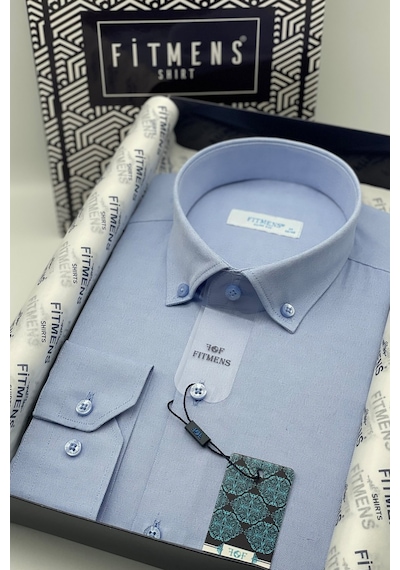 Erkek Slim Fit Uzun Kol Pamuklu Hediye Kutulu Gömlek - Mavi