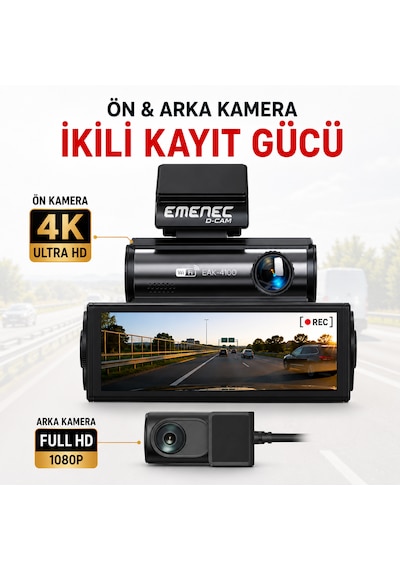 Emenec Eak-4100 4k Ultra Hd Akıllı Çift Araç İçi Kameras Seti - Türkçe Menü Ve Uygulama, Gps, Wi-fi, Park Modu + 64gb Kart