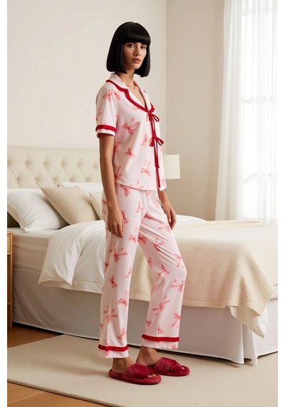 Benerly Kadın Apaş Yaka Kısa Kol Regular Kalıp Pijama Takımı Baskılı Fonk Pembe