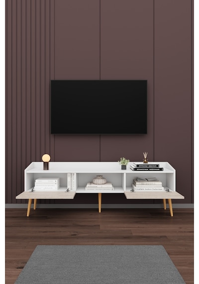 Asra Trend Tv Ünitesi Tv Sehpası T-28 %100 MDF Ayaklı Modern Medya Ünitesi Beyaz - Sidon