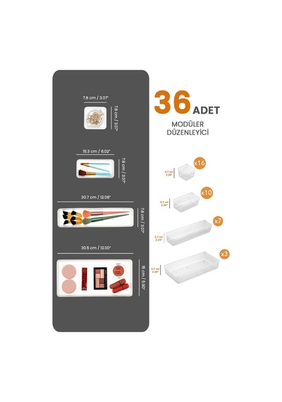 36'lı Mega Set Modüler Çekmece İçi Organizer - Banyo Takı Aksesuar Düzenleyici Şeffaf