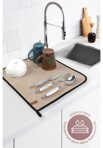Microfiber Bulaşık Kurutma Matı 46x36 cm Kurulama Bezi Kurutma Örtüsü Tezgah Üstü Bej