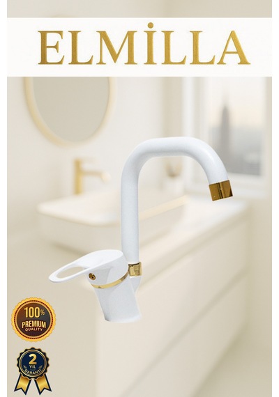 Beyaz Gold Banyo Lavabo Musluğu Bataryası Çeşmesi Köşe Borulu Lüx Tasarım Çif Su Giriş