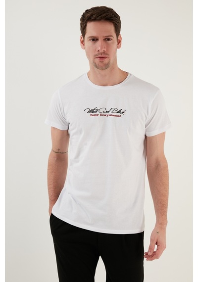 Buratti Pamuklu Slim Fit Bisiklet Yaka Yazılı Erkek T Shirt 541Enjoy Beyaz