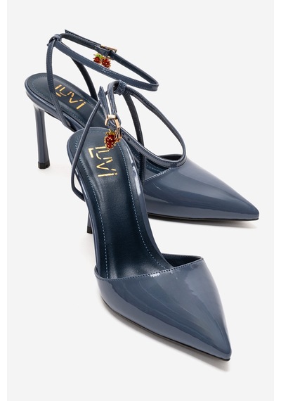 Luvishoes Thalıa Füme Mavi Rugan Sivri Burunlu Charmlı Kadın İnce Topuklu Ayakkabı