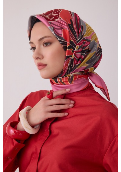 Belli Çiçek Desen %100 Twill İpek Eşarp Be13 Pembe