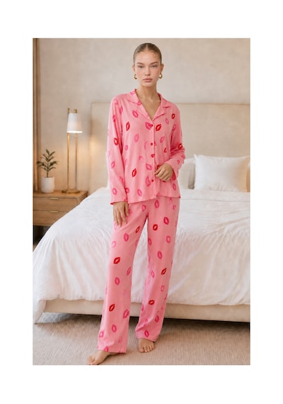Fit Women Kadın Dudak Desenli Pembe Pijama Takımı 4677