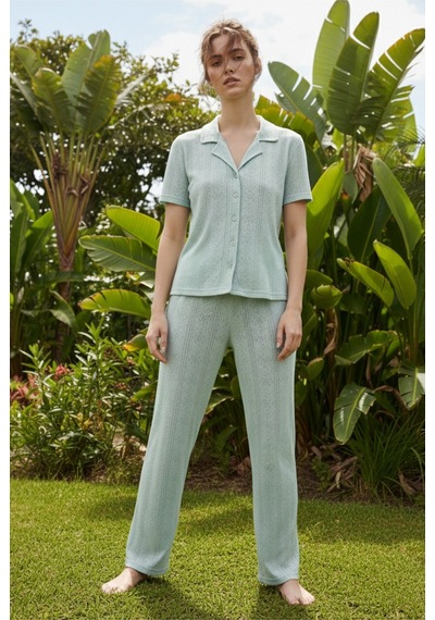 Siyah İnci Pointel Ajurlu/delikli Kısa Kollu Düğmeli Örme Pijama Takım26120536 Mint
