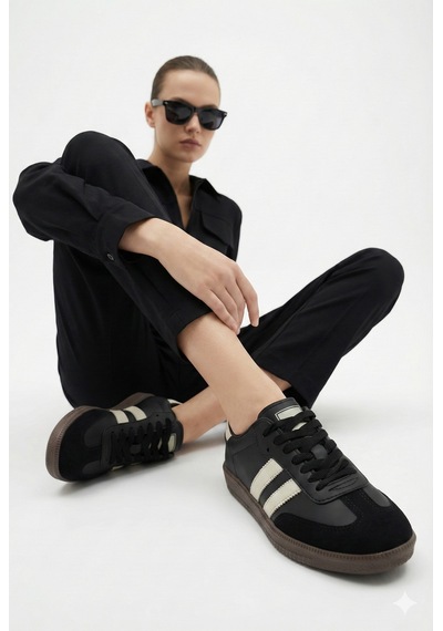 N Moda Unisex Siyah Beyaz Termo Taban Yanı Şeritli Bağcıklı Spor Ayakkabı
