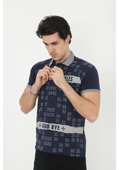 Erkek Polo Yaka Tişört Slim Fit Baskılı Kısa Kol T-shirt - Lacivert