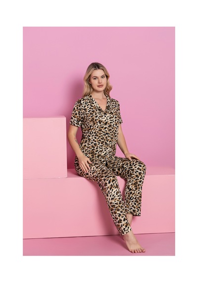Rindahomewear Kadın Milan Düğmeli Pijama Takımı Kahverengi