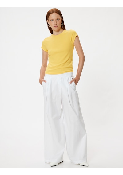 Koton Basic Fitilli Tişört Kısa Kollu Bisiklet Yaka Slim Fit Sarı 4sak50738ek Sarı