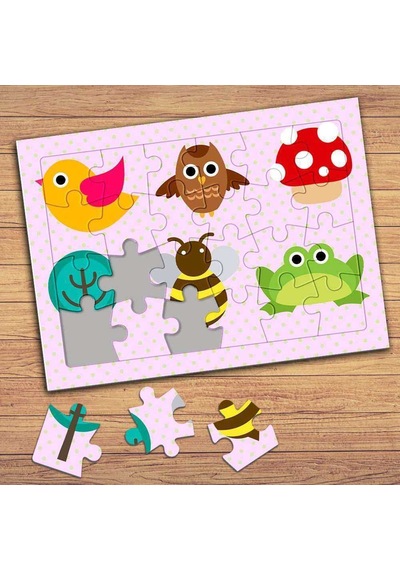 Kuş, Kurbağa Ve Mantar Çocuklara Özel Puzzle Yapboz Tablo-41469