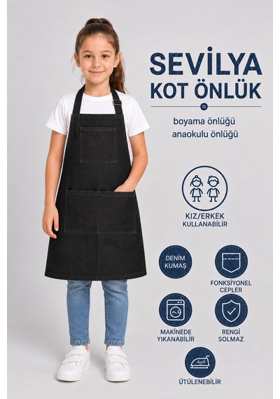 Çocuk Kot Mutfak Önlüğü Boyama Önlüğü Resim Önlüğü Anaokulu Önlüğü Siyah