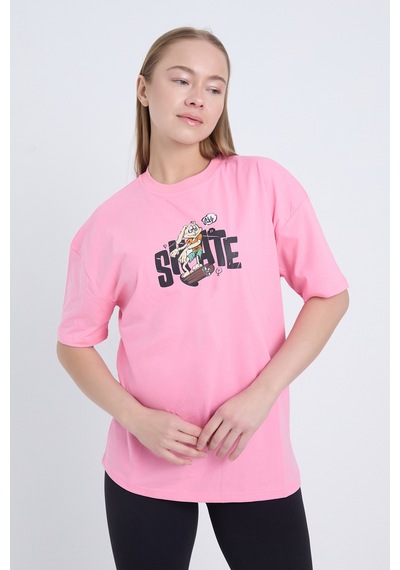 Velvoria Oversize Kadın Shate Baskılı Pembe Renk T-shirt