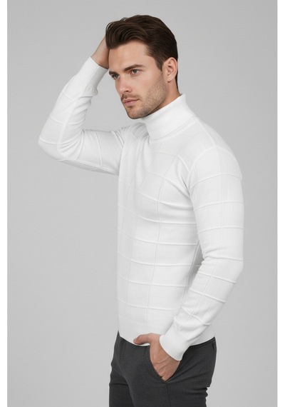 Rizzup Erkek Beyaz Kare Desenli Balıkçı Yaka Slim Fit Boğazlı Triko Kazak 2505493
