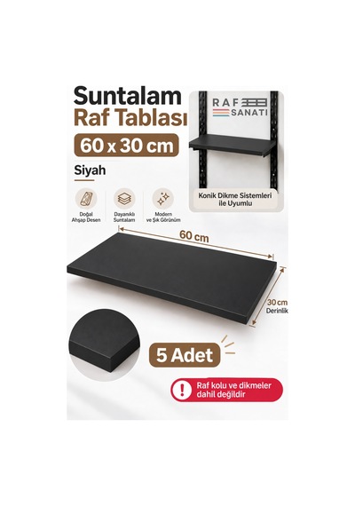 5 Li Set - Suntalam Raf Tablası 60x30 Cm Siyah Ahşap Raf Konik Dikme Sistemleri İle Uyumlu