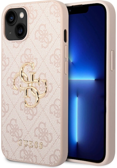 Apple Uyumlu iPhone 15 Plus Kılıf Guess Lisanslı Pu Deri Yazı Ve 4g Metal Logolu Desenli Kapak Pembe