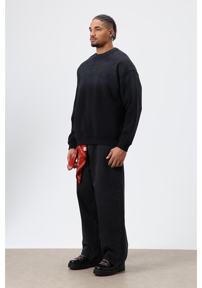 Vamos Yıkamalı Taş Detaylı Oversize Sweatshirt Siyah