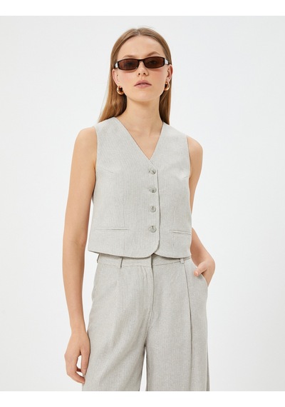 Koton Çizgili Keten Yelek Fleto Cep Detaylı V Yaka Slim Fit Bej Desenli 4sak20084pw Ekru