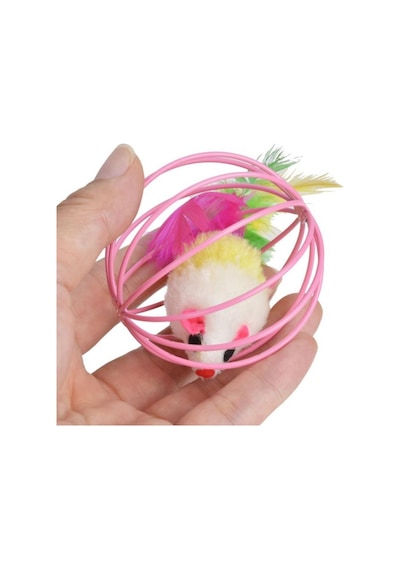 Nm Store Renkli Metal Kafesli Peluş Fareli Kedi Köpek Oyuncağı Oyun Topu 6 Cm