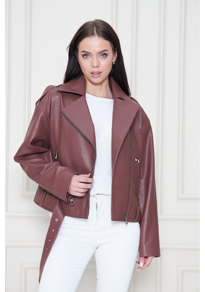 M M Marki Marki Kadın Hakiki Jumbo Deri Ceket Biker Tarz, Kemerli, Oversize, Apoletli, 62 Cm, Kahverengi - 117822