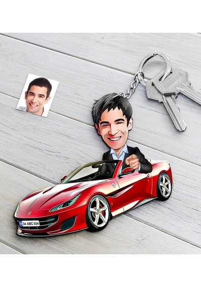 Kişiye Özel Bay Ferrari California Figürlü Plakalı Ahşap Karikatür Anahtarlık
