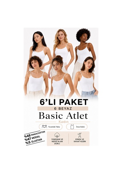 Loule Kadın 6'lı İnce Askılı Atlet Beyaz Modal Pamuk