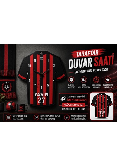 İsimli Taraftar Duvar Saati , Kişiye Özel - Hediyelik İsimli Kırmızı Siyah Forma Duvar Saati