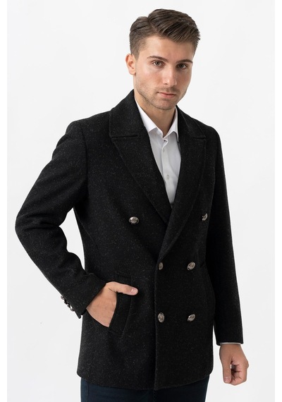 White Stone Trento K290 Kruvaze Yaka Slim Fit Pamuklu Kaban Siyah-Siyah