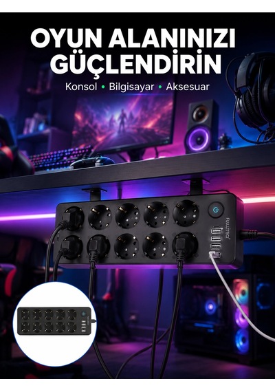 Usb Ve Type-c Çıkışlı 10'lu Akım Korumalı Çoklu Priz Güç Dağıtıcı 1