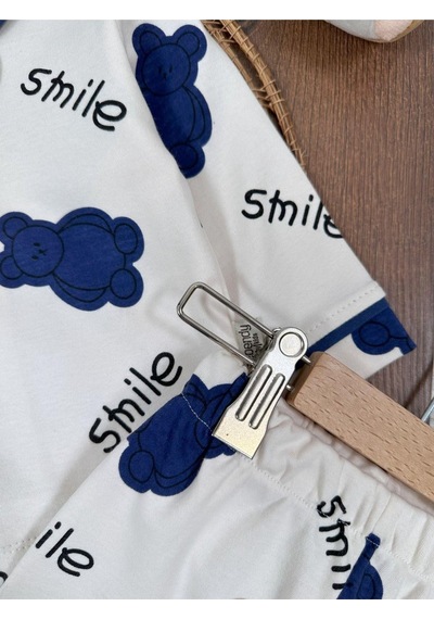 Kruvaze Yaka %100 Pamuk Smile Baskılı Relaxed Mevsimlik Pijama Takımı 4bb2 Beyaz
